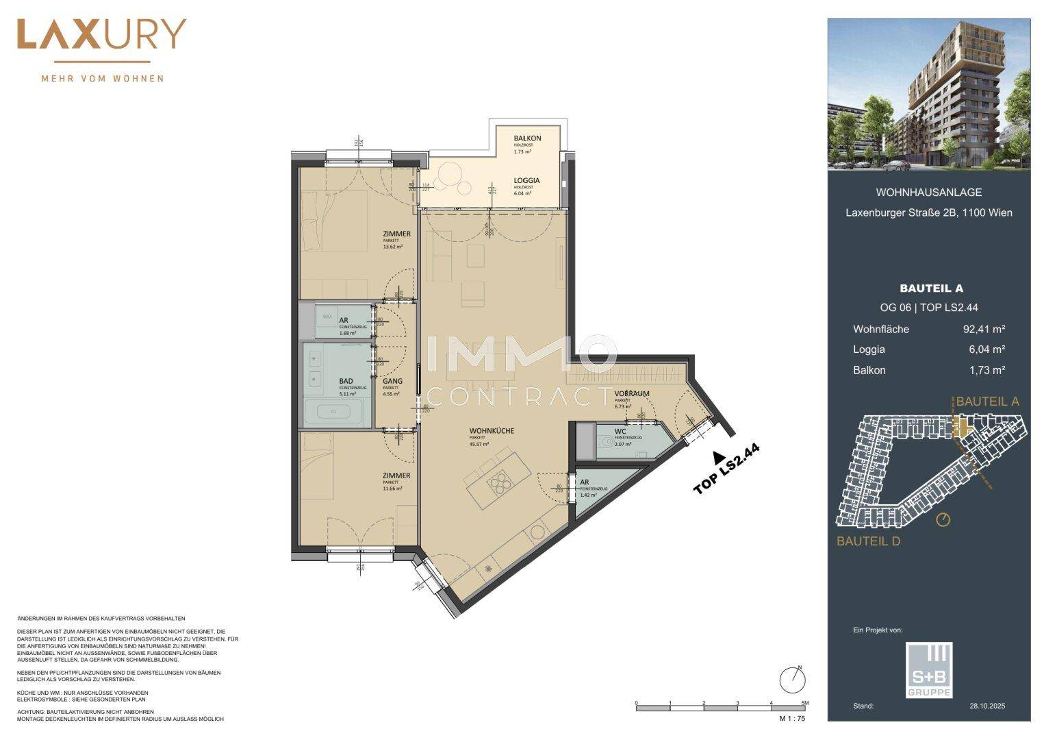 Grundriss einer Wohnung mit Wohnküche, zwei Zimmern, Bad, WC, Loggia und Balkon.