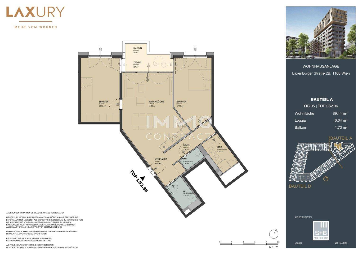 Detaillierter Grundriss einer Wohnung mit Loggia und Balkon, Gesamtfläche 89,11 m².