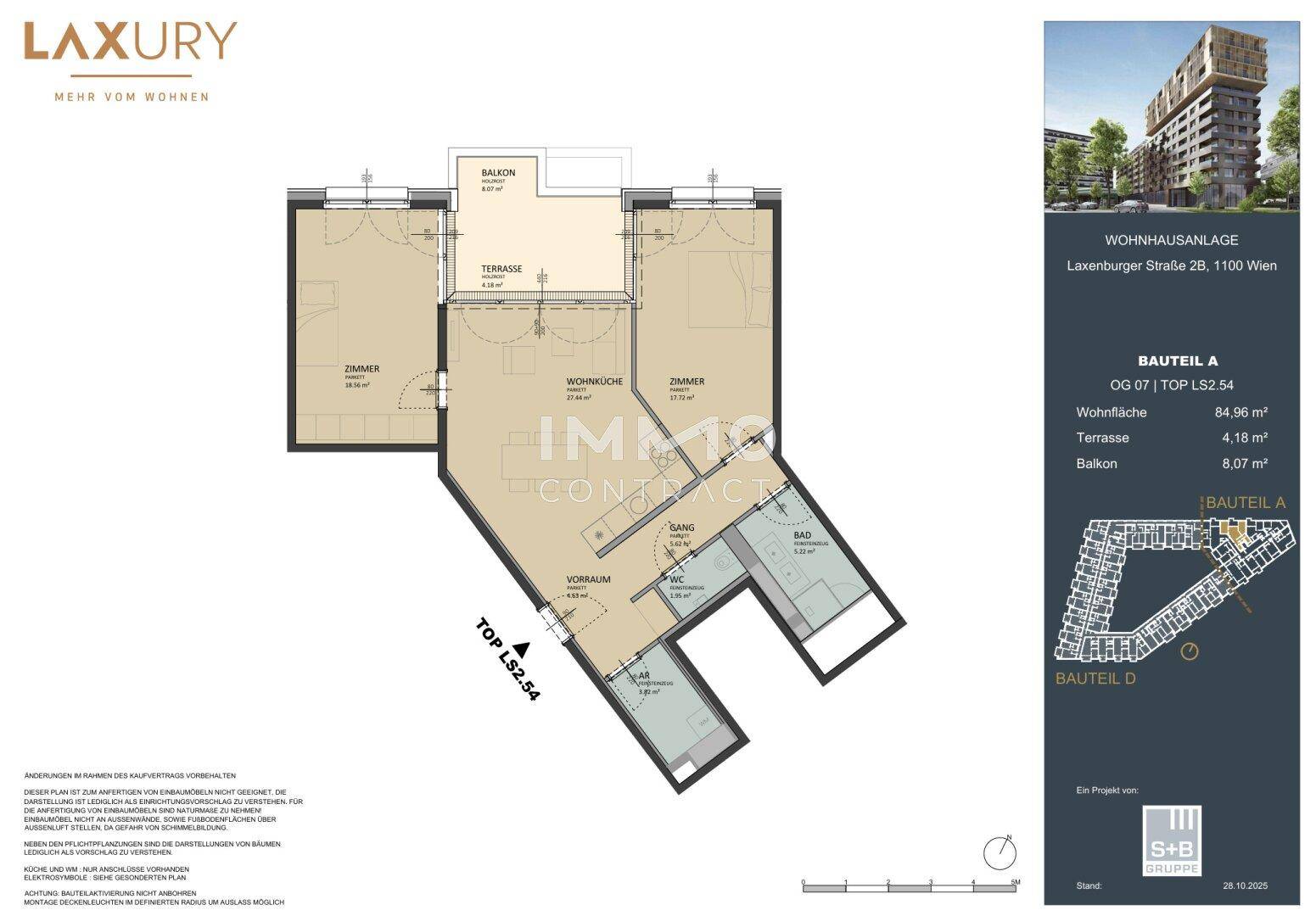 Detaillierter Grundriss einer Wohnung mit Terrasse und Balkon.