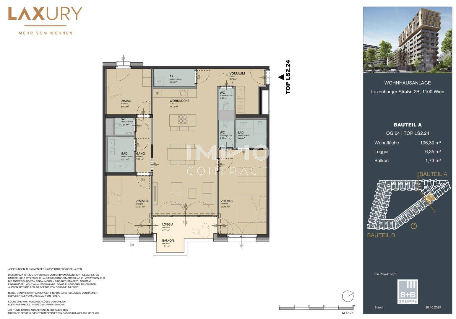Detaillierter Grundriss einer Wohnung mit Loggia und Balkon, inklusive Raumaufteilung.