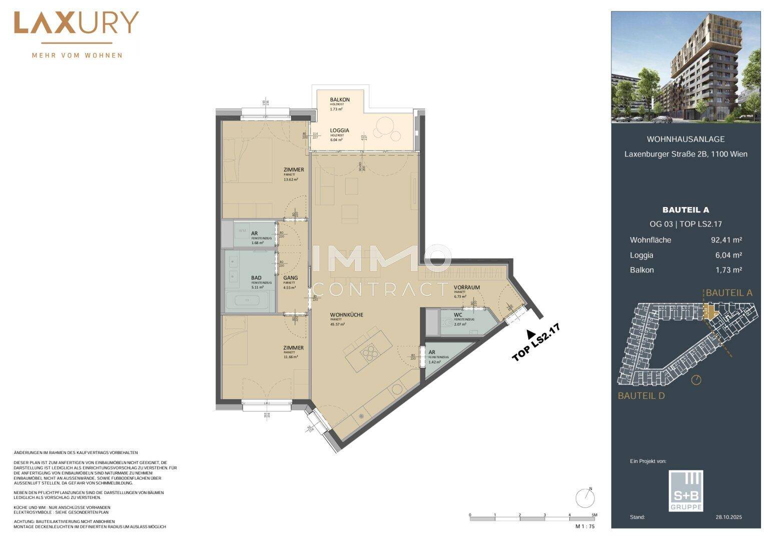 Detaillierter Grundriss einer Wohnung mit Wohnküche, zwei Zimmern, Bad und Loggia.