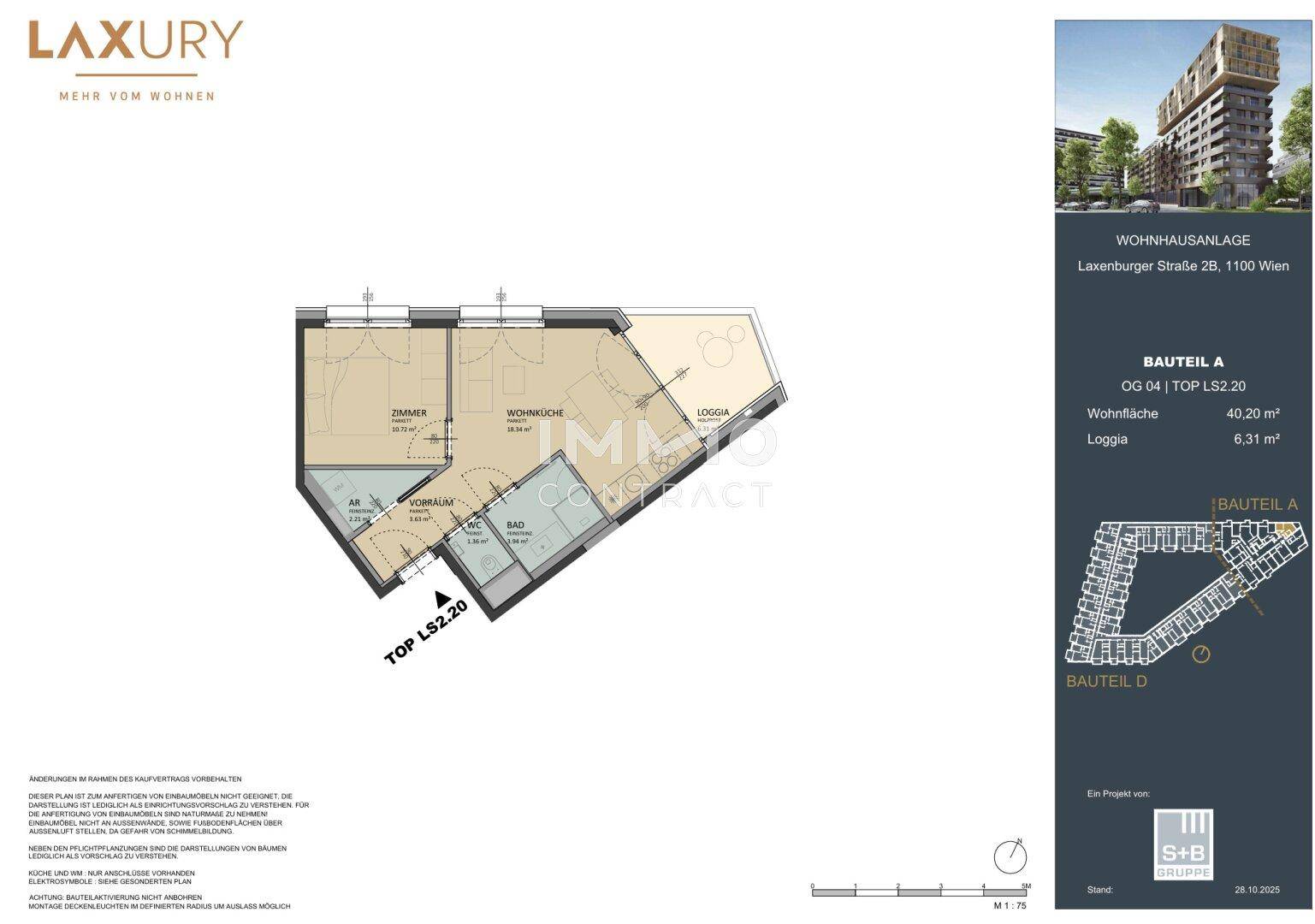 Grundriss einer Wohnung mit Wohnküche, Zimmer, Bad und Loggia.