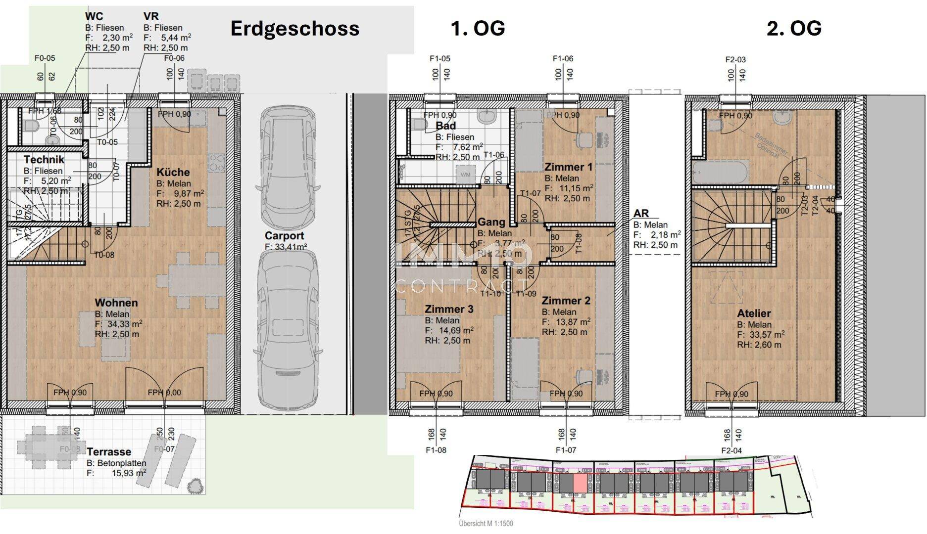 Detaillierter Grundriss über drei Etagen mit Wohnbereichen, Zimmern und Carport.