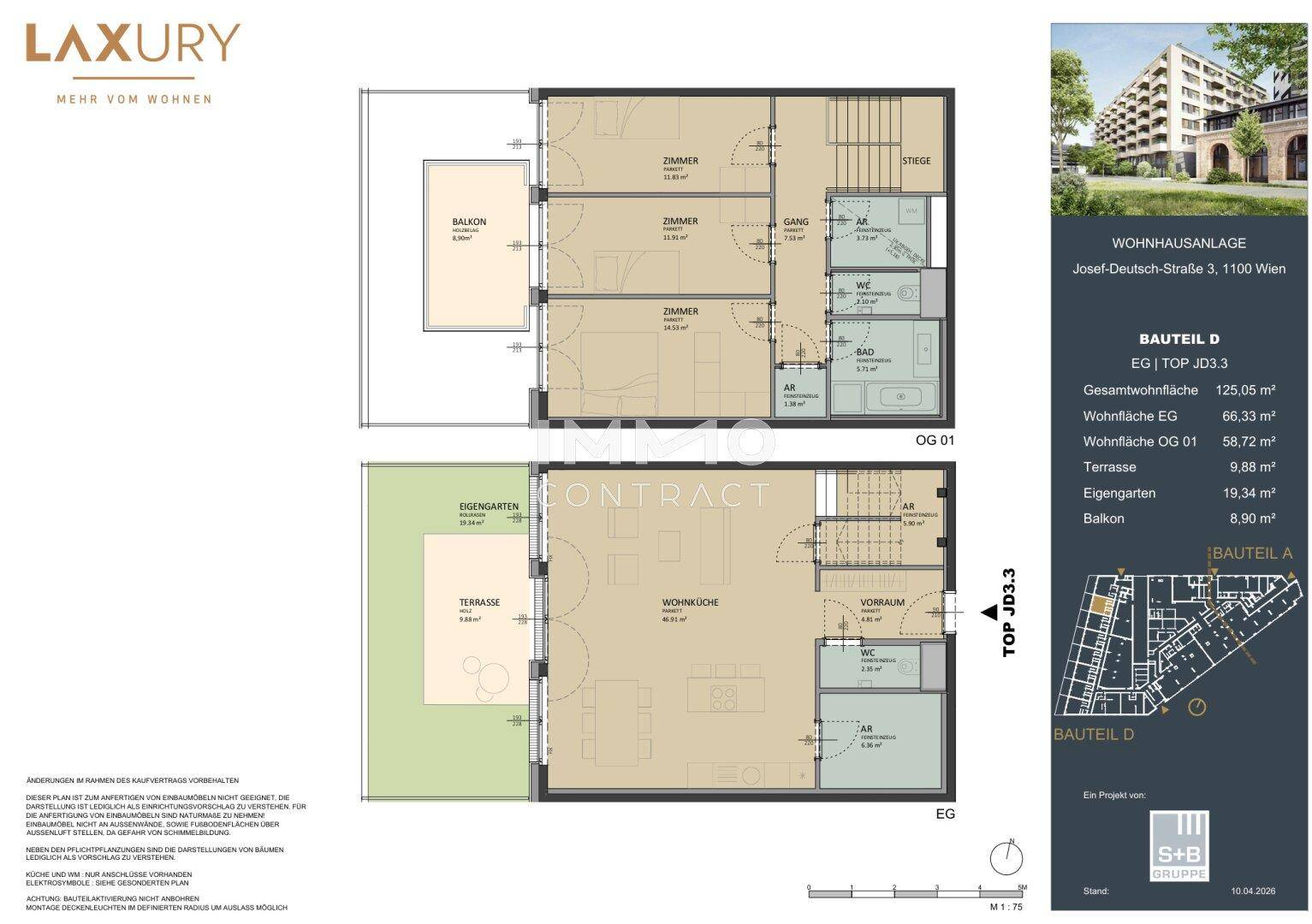 Detaillierter Grundriss mit zwei Ebenen, Balkon, Terrasse und Garten.