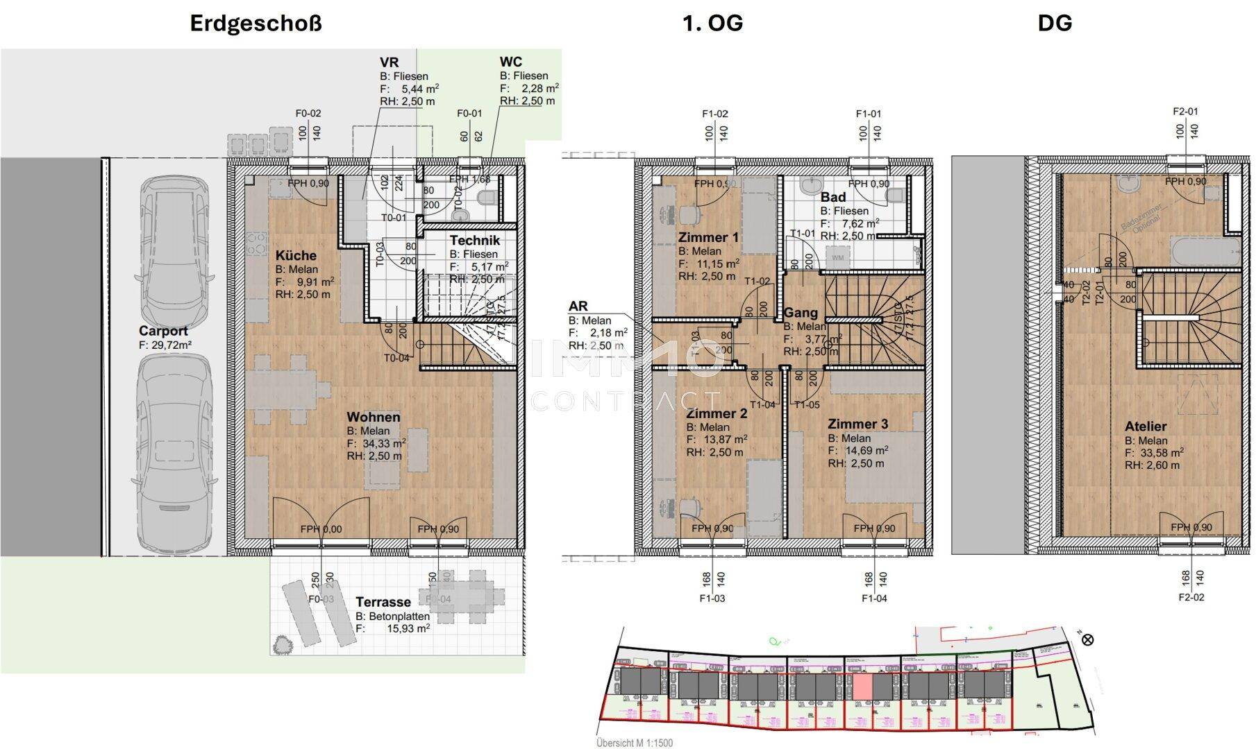 Grundrisspläne für Erdgeschoss, erstes Obergeschoss und Dachgeschoss des Reihenhauses.