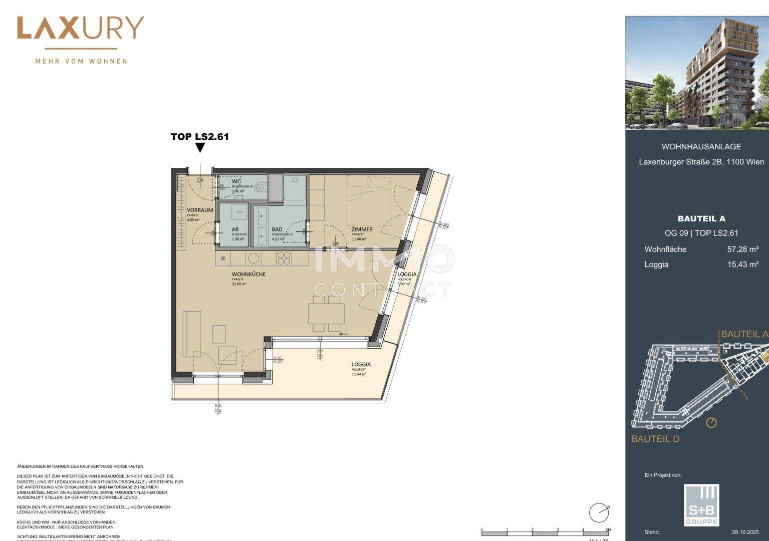 Detaillierter Grundriss einer Wohnung mit Loggia, WC und Bad, zeigt die Raumaufteilung.