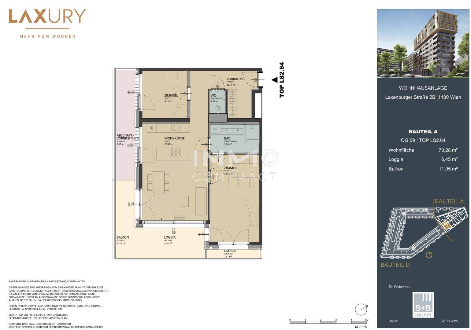 Grundriss einer Wohnung mit Wohnbereich, Loggia und Balkon, inklusive Flächenangaben.