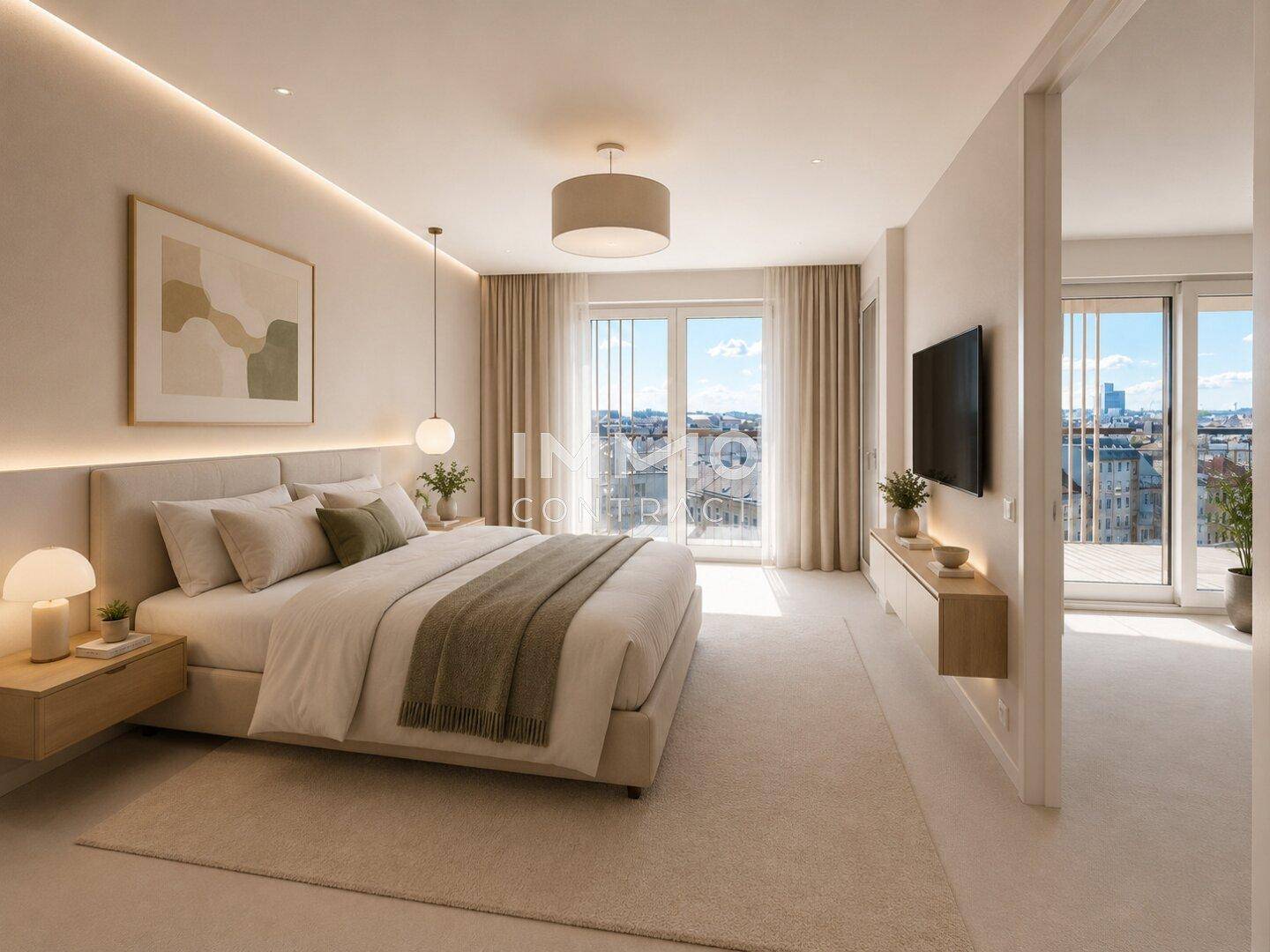 Helles, modernes Schlafzimmer mit großem Bett, indirekter Beleuchtung und Zugang zum Balkon.