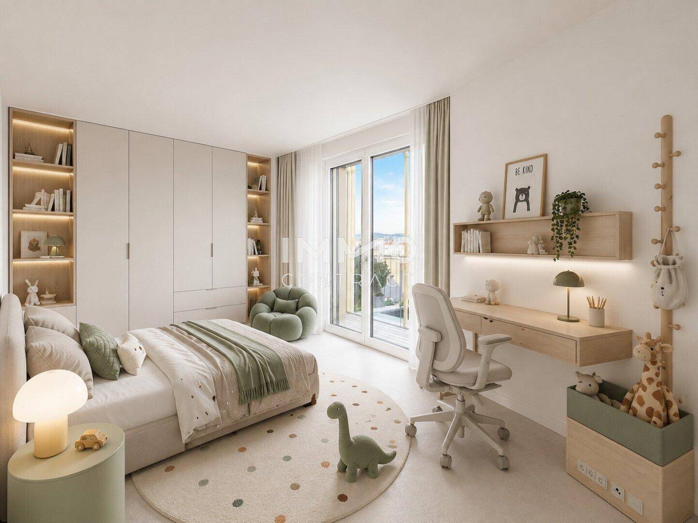 Helles Kinderzimmer mit modernem Design, Schreibtisch und Zugang zum Balkon.