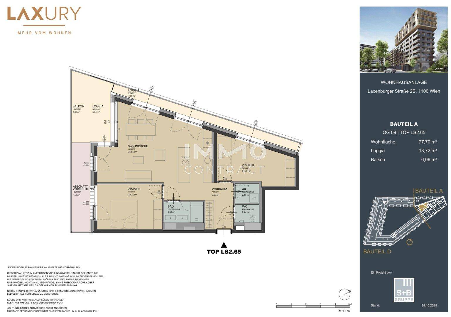 Detaillierter Grundriss einer Wohnung mit offener Wohnküche, zwei Zimmern und Loggia.