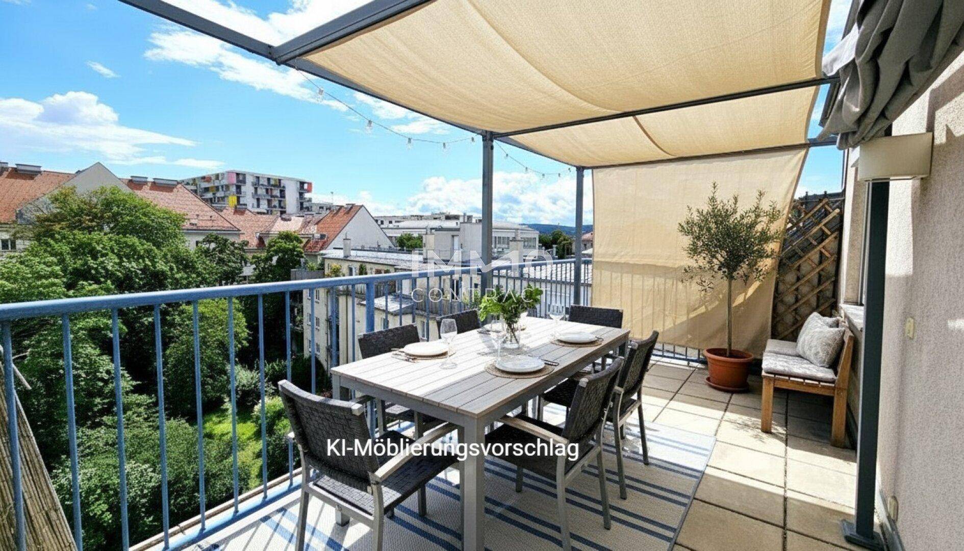 Möblierte Dachterrasse mit Sonnenschutz, Esstisch und Blick über die Stadt.