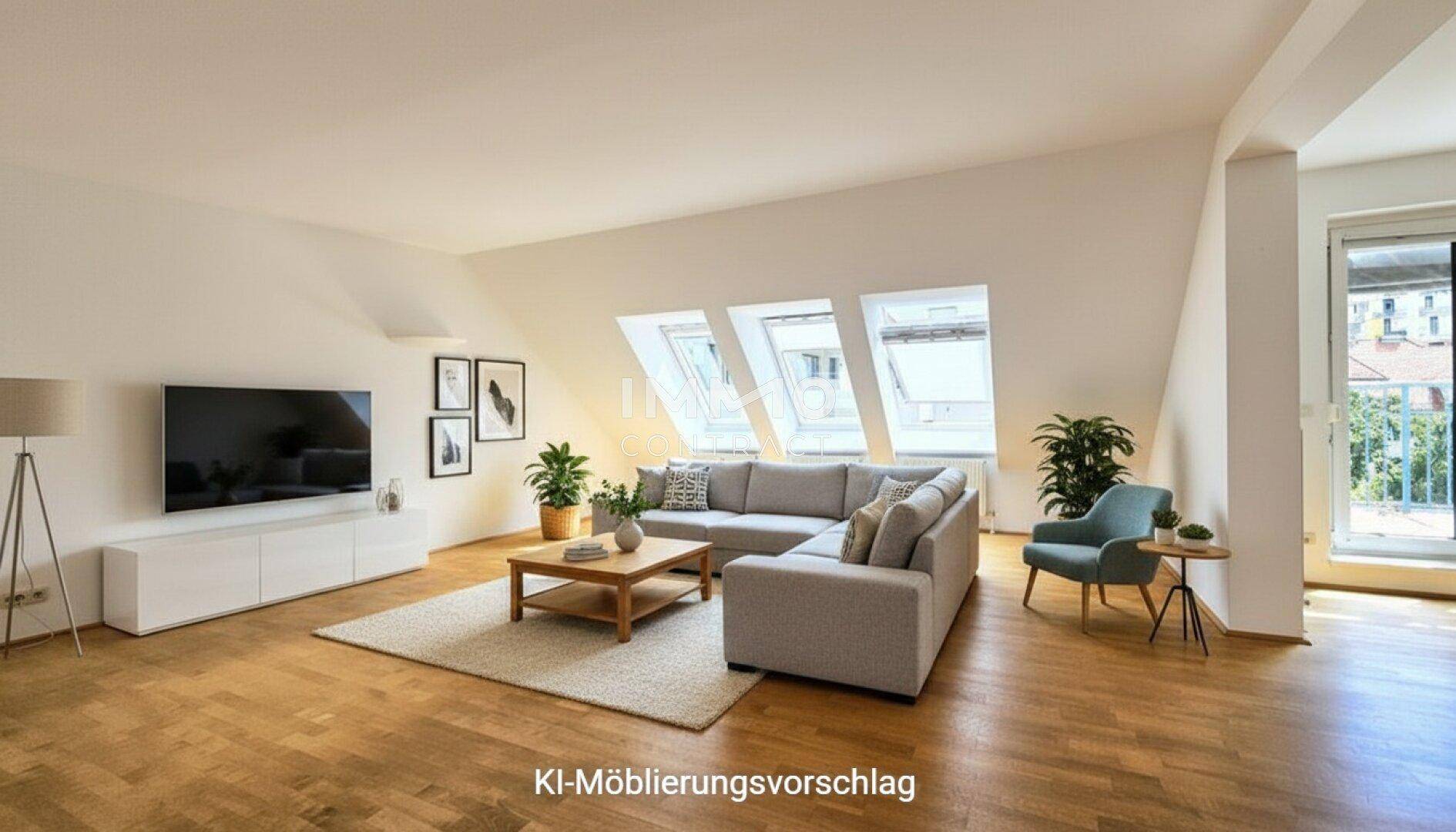 Virtuell möbliertes Wohnzimmer im Dachgeschoss mit gemütlicher Sitzecke und Fernseher.