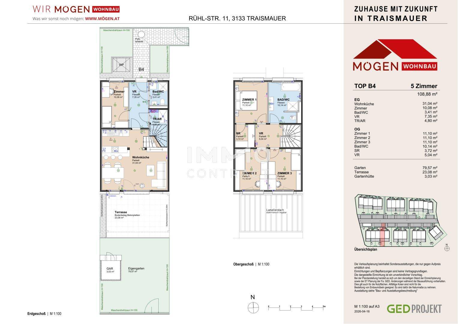 Grundriss für TOP B4 mit Erdgeschoss, Obergeschoss, Terrasse und privatem Gartenbereich.