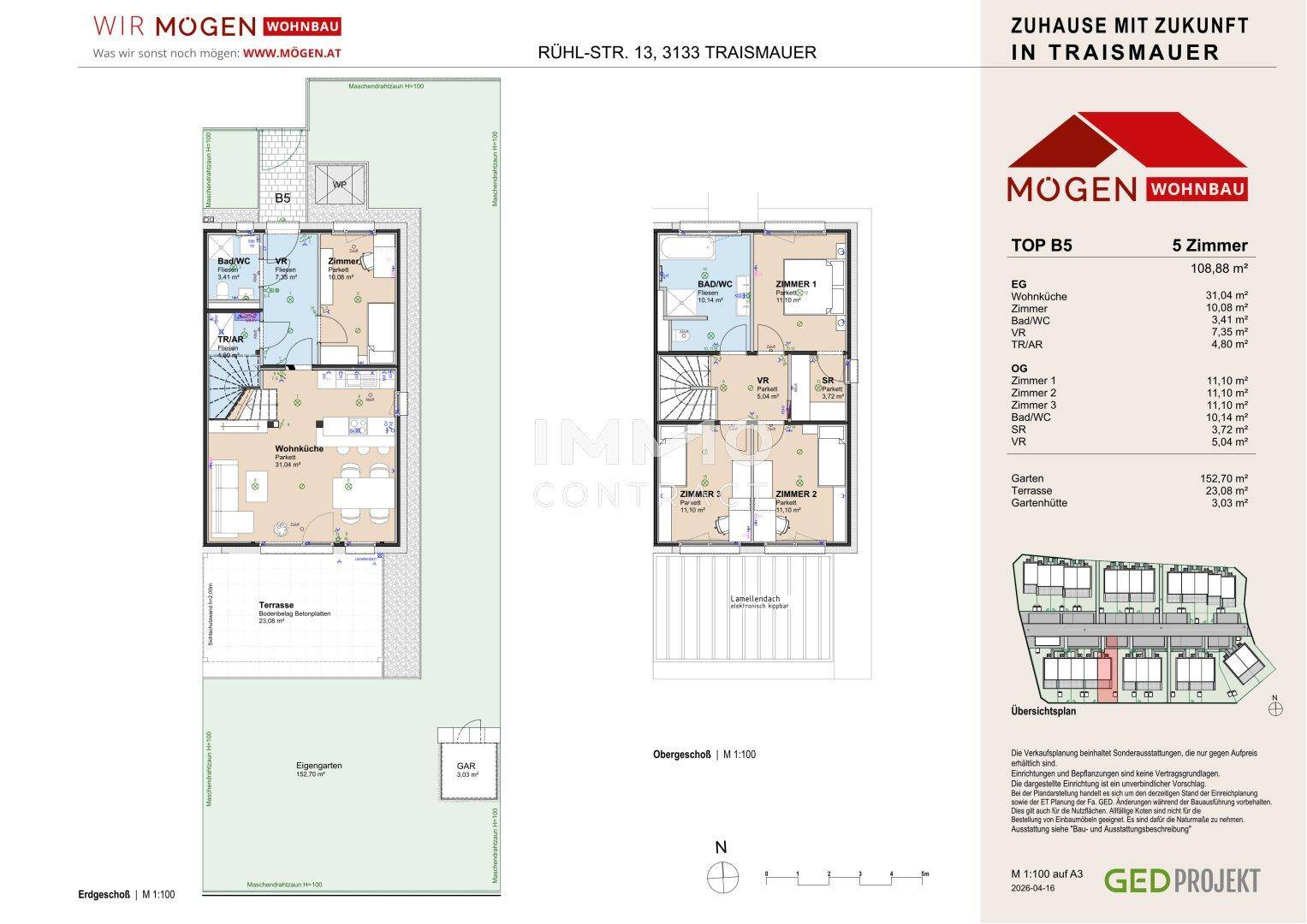Grundriss für TOP B5 mit Erdgeschoss, Obergeschoss, Terrasse und privatem Gartenbereich.