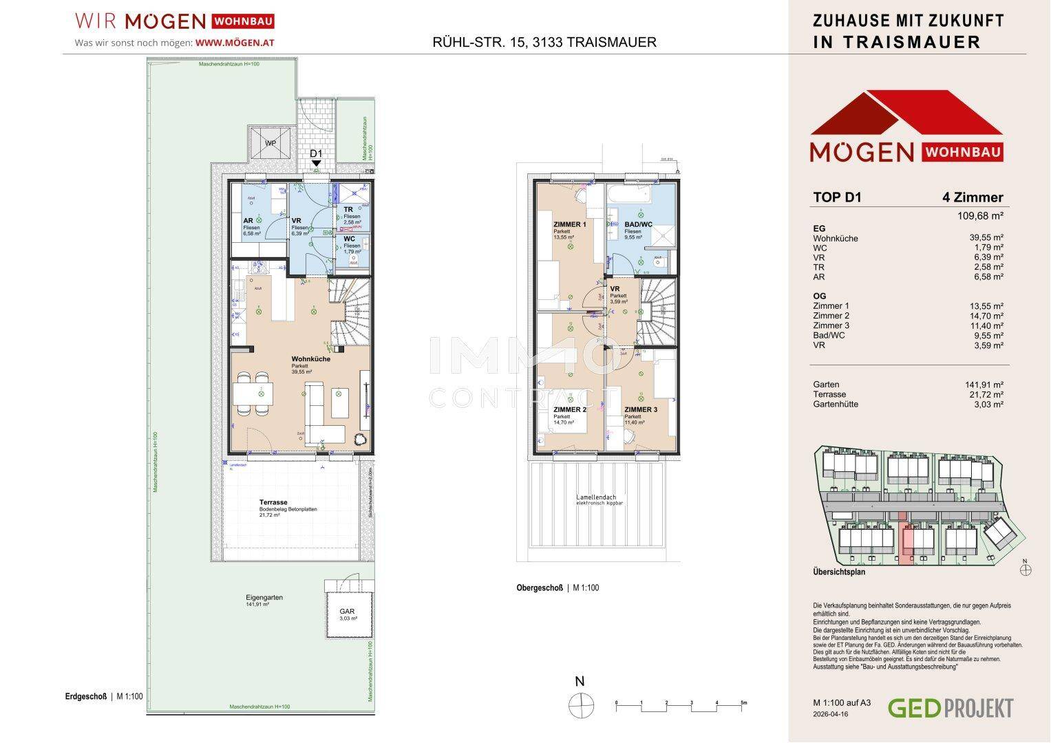 Grundriss für TOP D1 mit Erdgeschoss, Obergeschoss, Terrasse und privatem Gartenbereich.