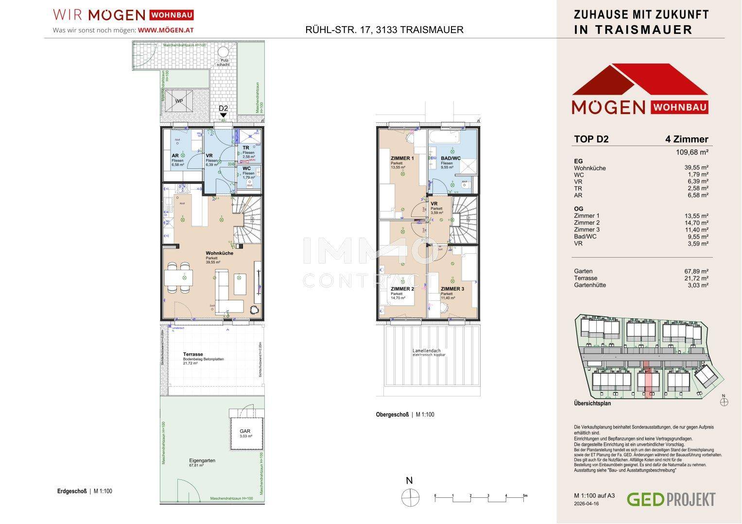 Grundriss für TOP D2 mit Erdgeschoss, Obergeschoss, Terrasse und privatem Gartenbereich.