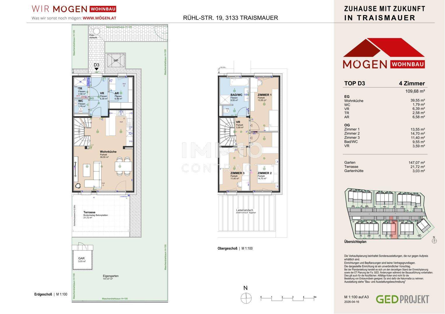 Grundriss für TOP D3 mit Erdgeschoss, Obergeschoss, Terrasse und privatem Gartenbereich.