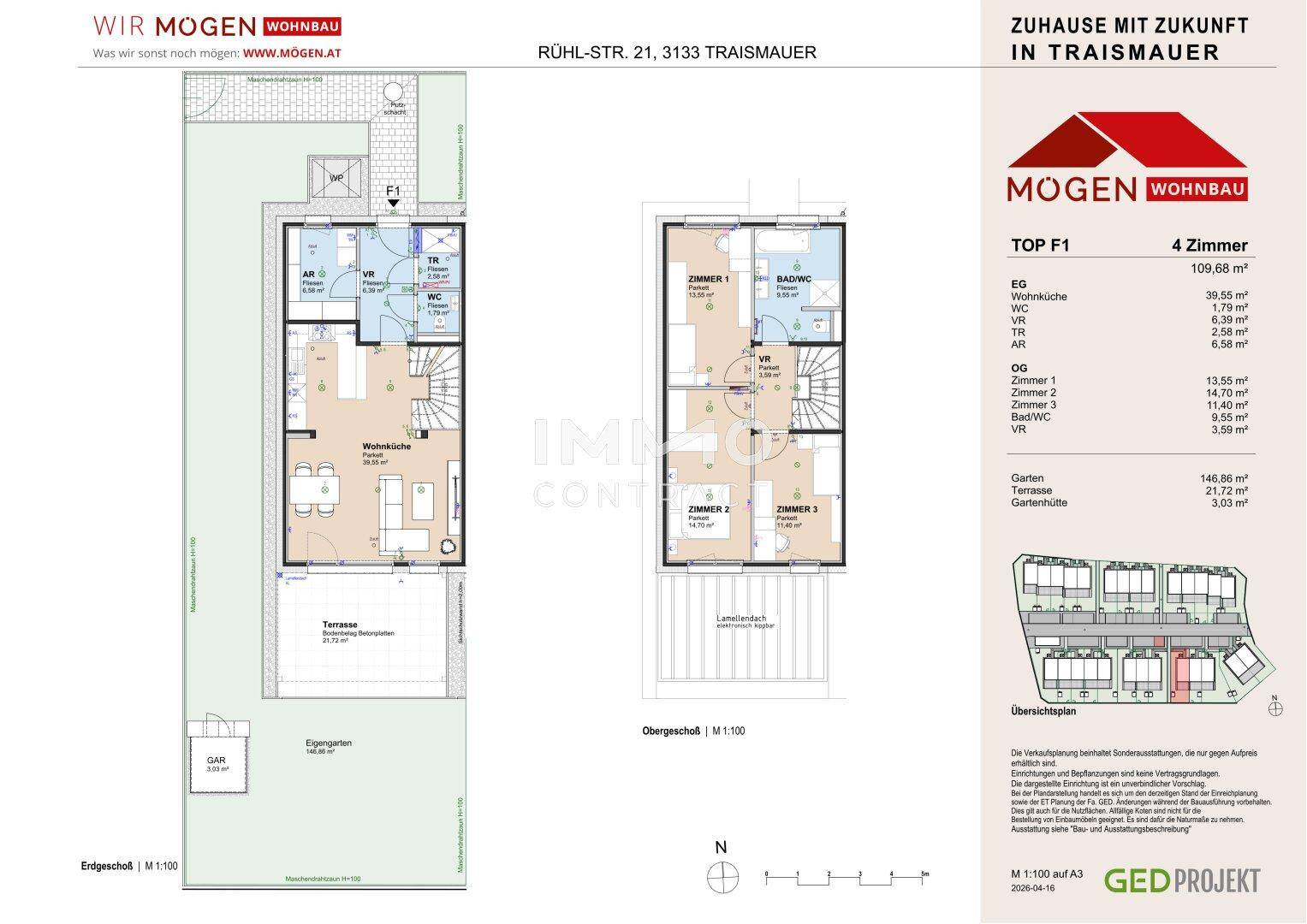 Grundriss für TOP F1 mit Erdgeschoss, Obergeschoss, Terrasse und privatem Gartenbereich.