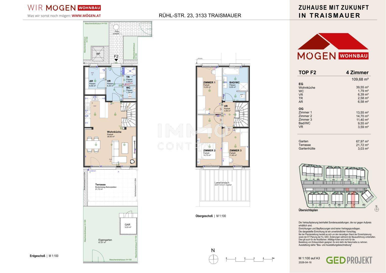 Grundriss für TOP F2 mit Erdgeschoss, Obergeschoss, Terrasse und privatem Gartenbereich.