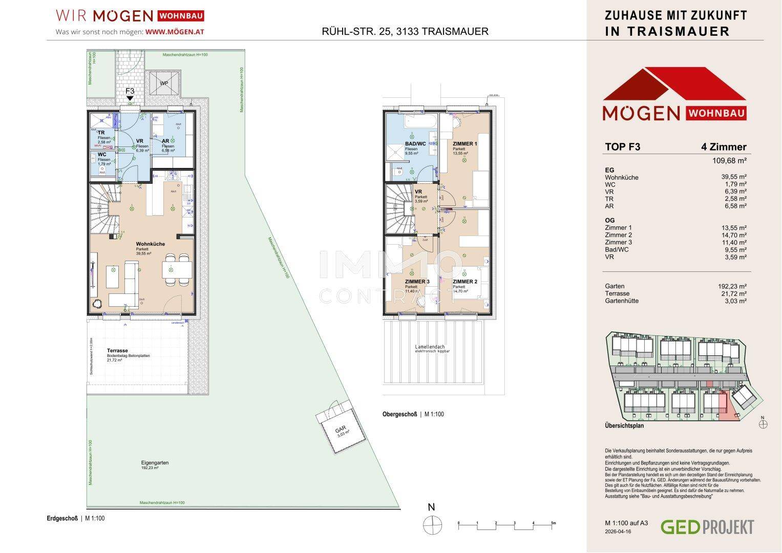Grundriss für TOP F3 mit Erdgeschoss, Obergeschoss, Terrasse und privatem Gartenbereich.