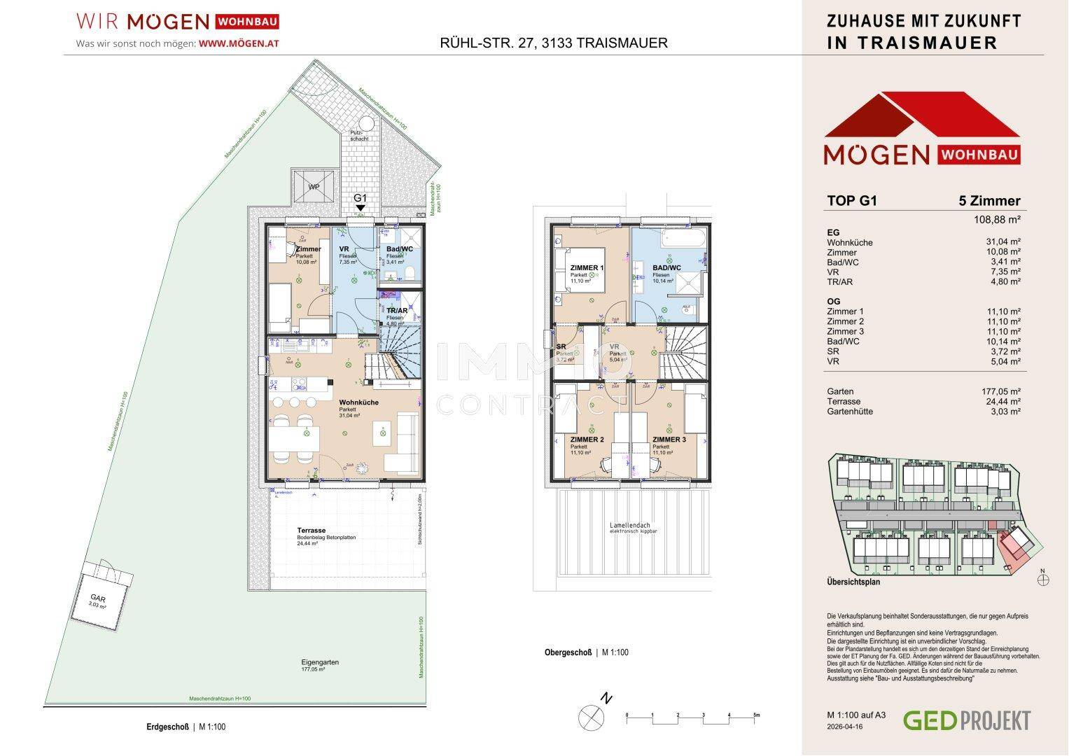 Grundriss für TOP G1 mit Erdgeschoss, Obergeschoss, Terrasse und privatem Gartenbereich.