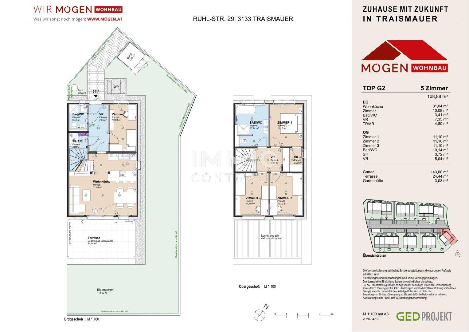 Grundriss für TOP G2 mit Erdgeschoss, Obergeschoss, Terrasse und privatem Gartenbereich.