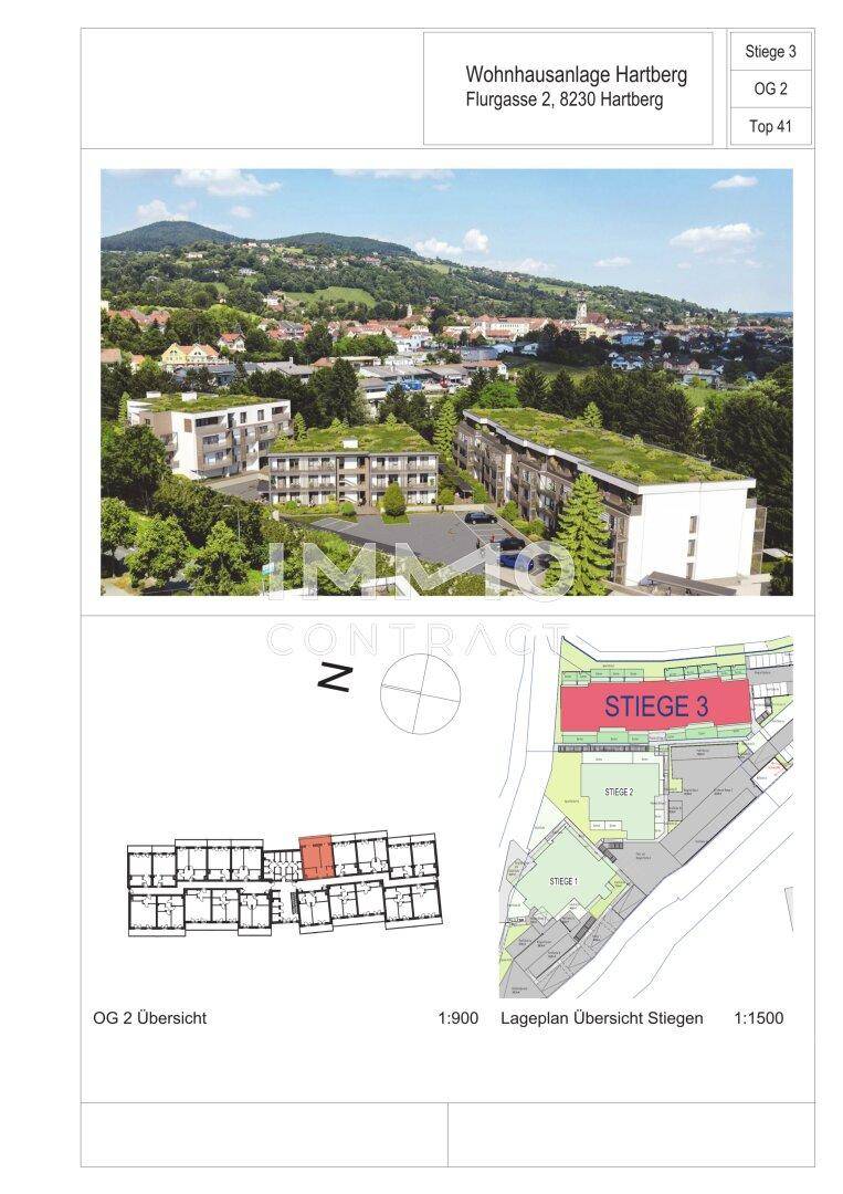 Übersichtsplan der Wohnanlage mit Lageplan und schematischem Grundriss des Obergeschosses.