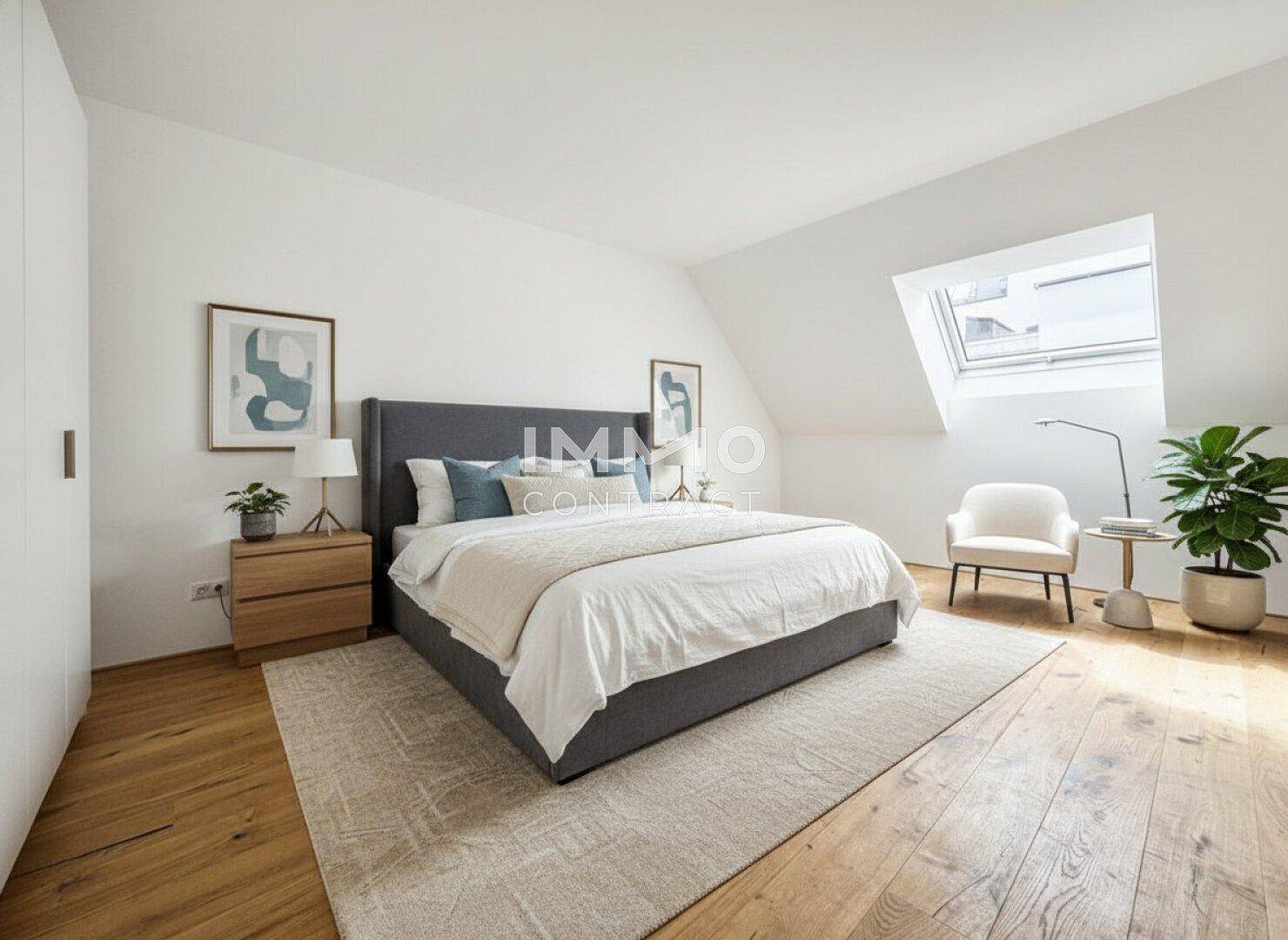 Modern eingerichtetes Schlafzimmer im Dachgeschoss mit Holzboden, großem Bett und Dachfenster.