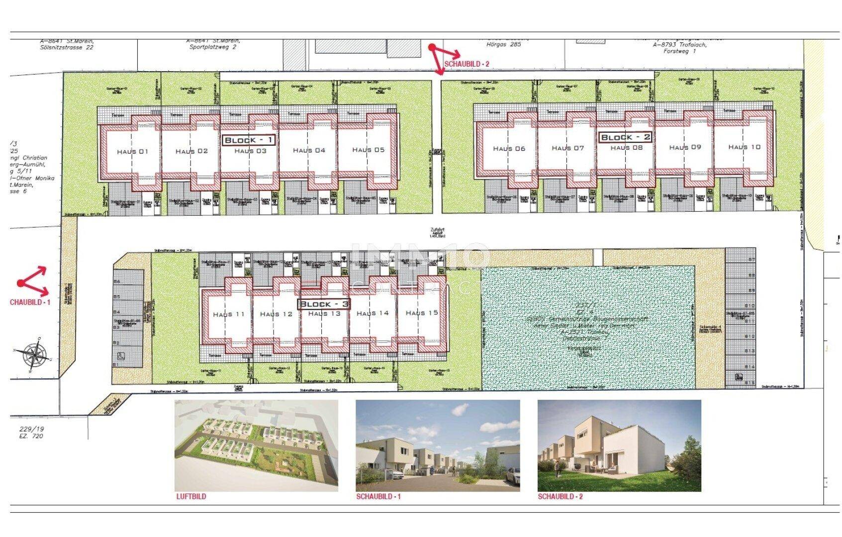 Lageplan der Wohnanlage mit mehreren Häuserblöcken und Visualisierungen der Gebäude.