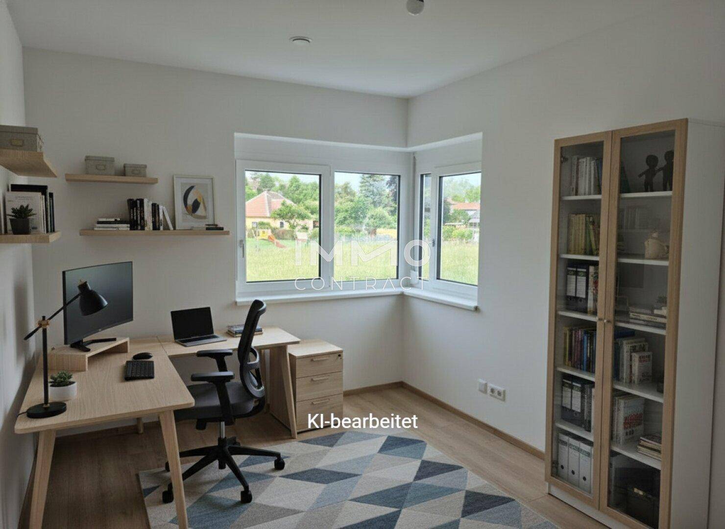 Modern eingerichtetes Arbeitszimmer mit Eckfenster, Schreibtisch und Bücherregal, ideal für Home-Office.
