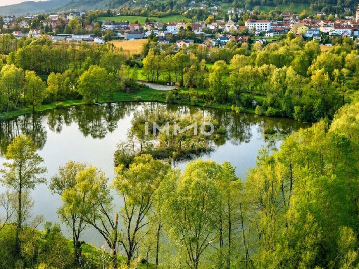 Idyllischer See umgeben von Bäumen mit Blick auf eine nahegelegene Ortschaft.
