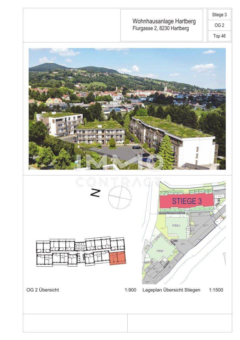 Übersichtsplan der Wohnanlage mit Lageplan und schematischer Darstellung der Etagen.