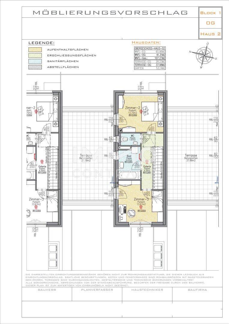 Grundrissvorschlag für das Obergeschoss von Reihenhäusern mit Schlafzimmern und Bädern.