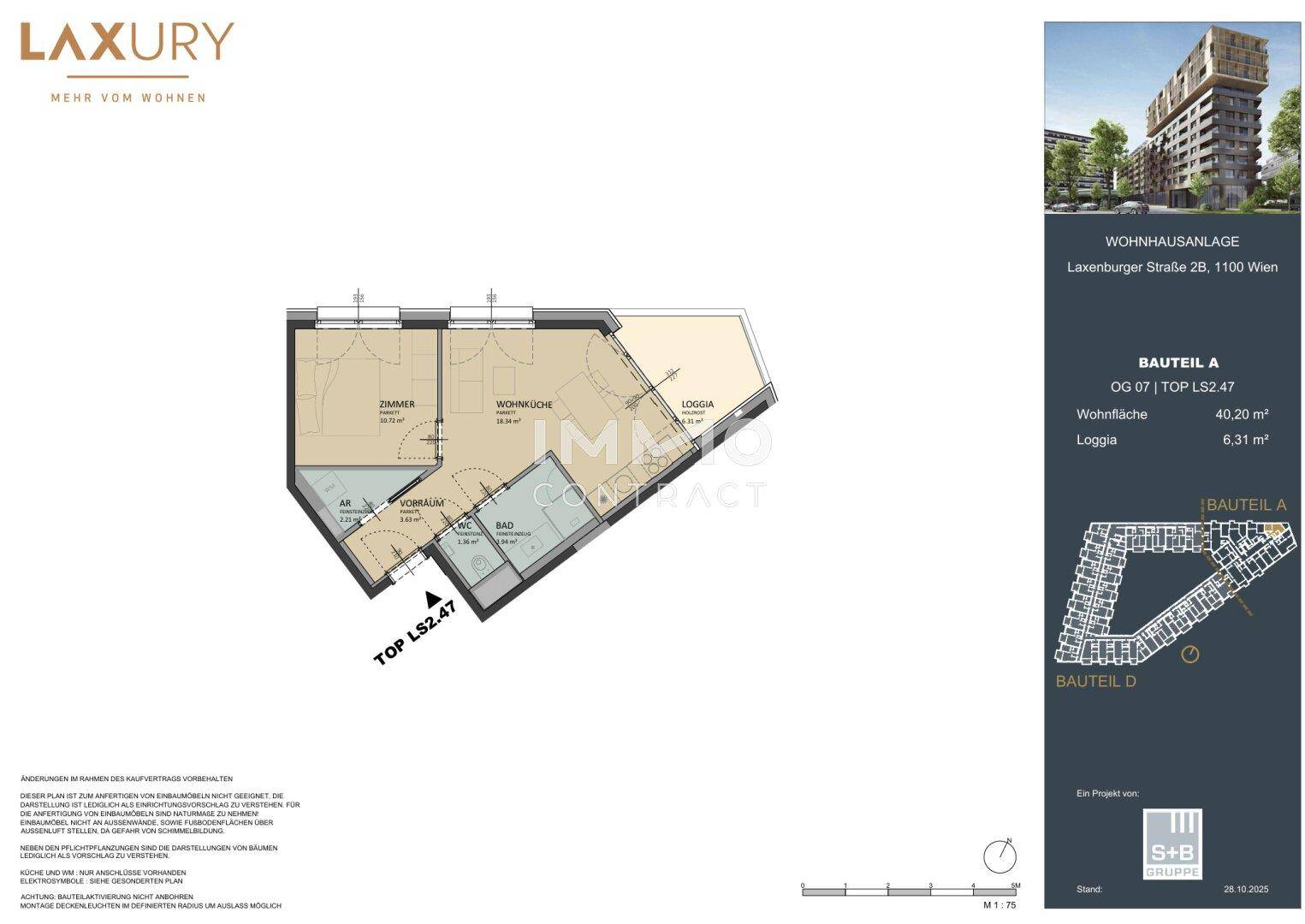 Grundriss einer Wohnung mit zwei Zimmern, Loggia und Bad, Gesamtfläche 40,20 m².