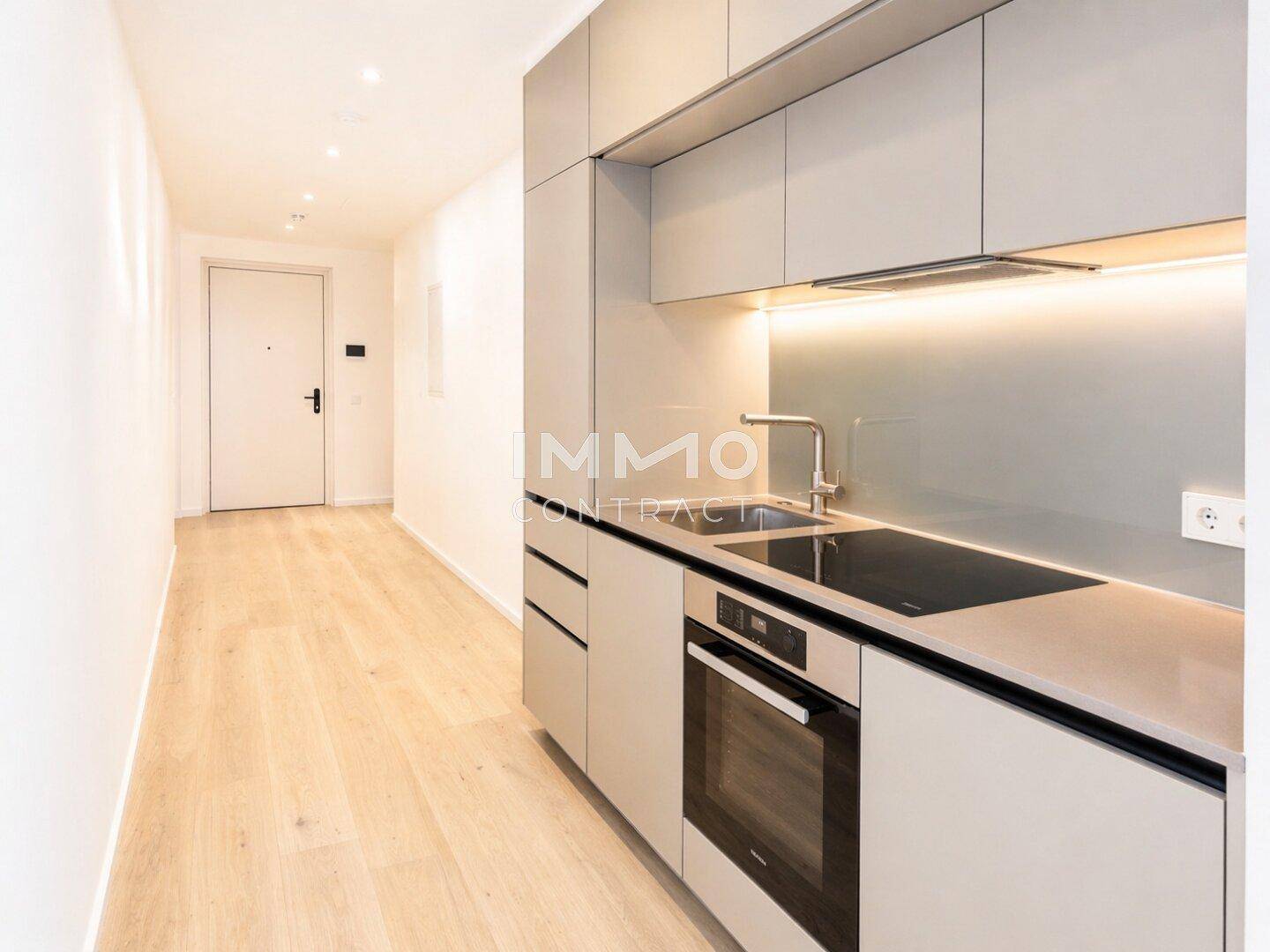 Moderne Küchenzeile in hellem Flur mit integrierten Geräten und Holzfußboden, ideal für kleine Wohnungen.
