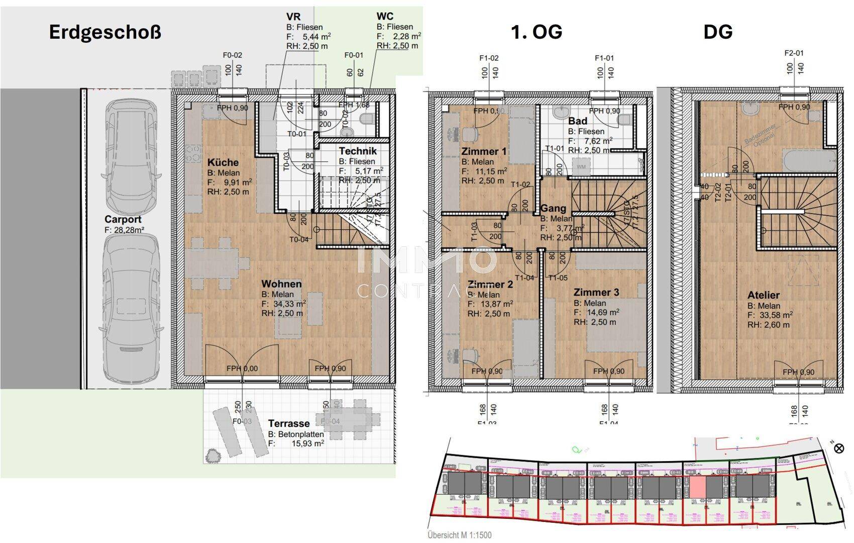 Detaillierter Grundrissplan eines Reihenhauses über drei Etagen mit Carport und Terrasse.
