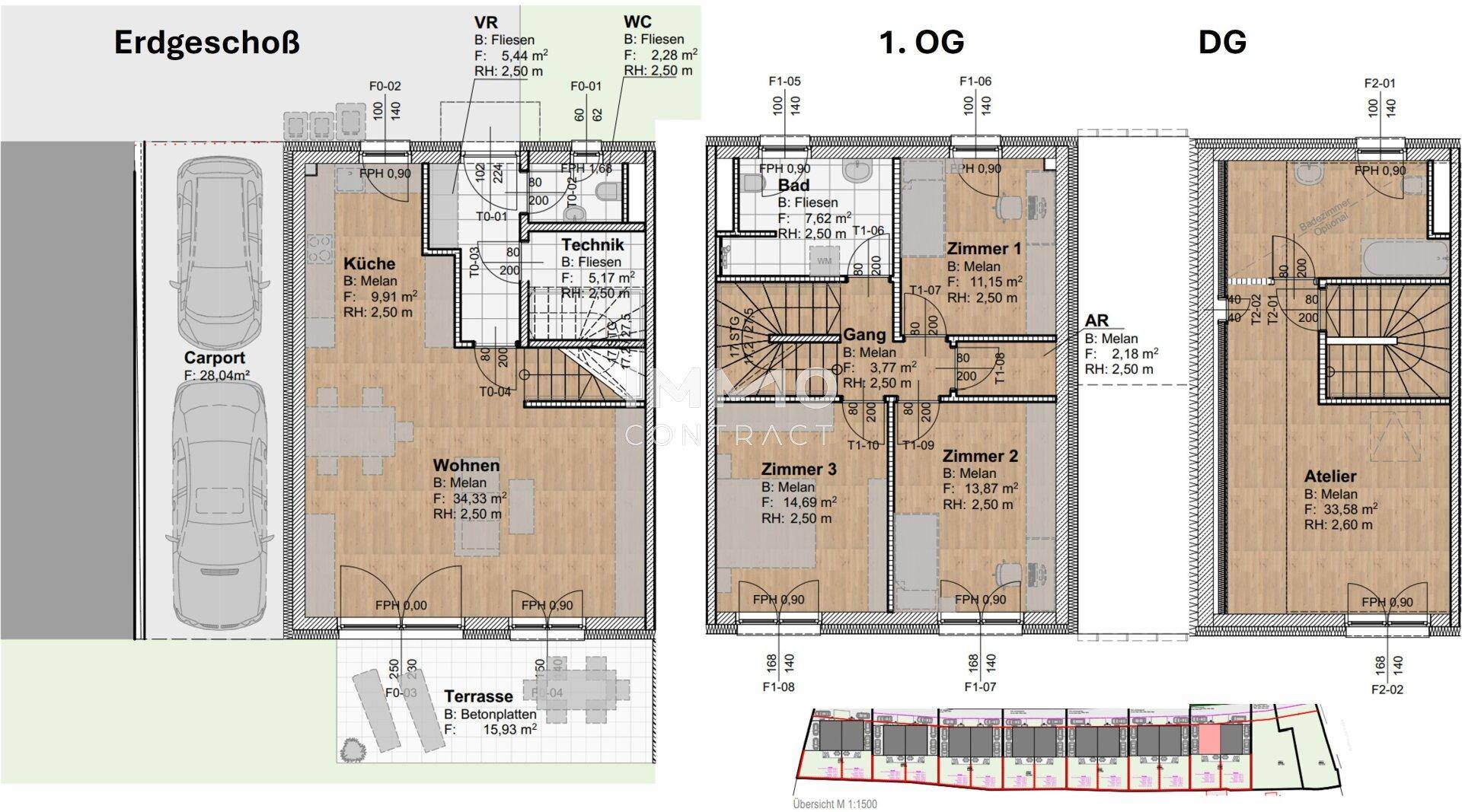 Detaillierter Grundriss des Erdgeschosses, ersten Obergeschosses und Dachgeschosses mit Carport und Terrasse.