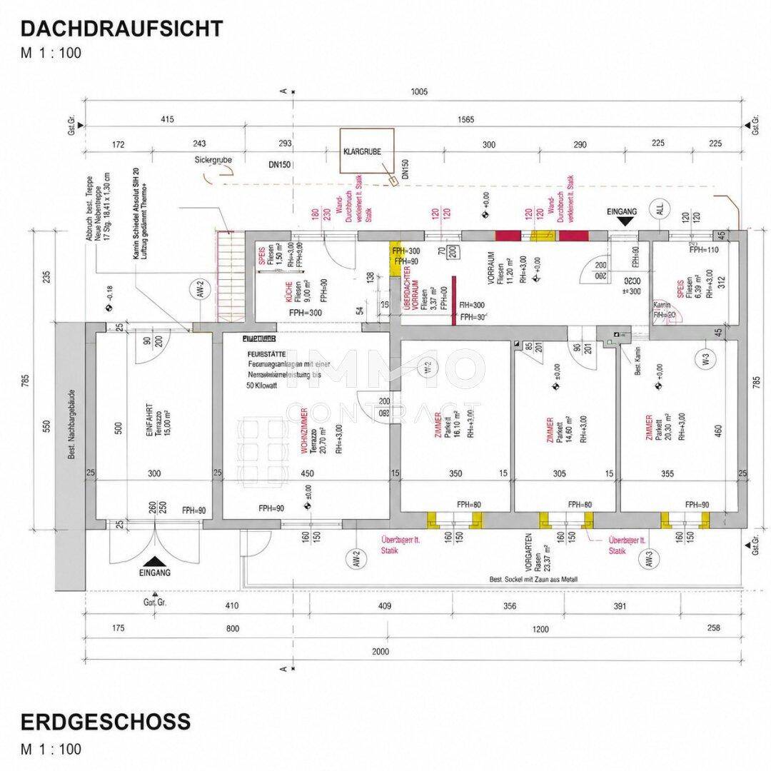 Detaillierter Grundriss des Erdgeschosses mit Raumaufteilung und Maßen.