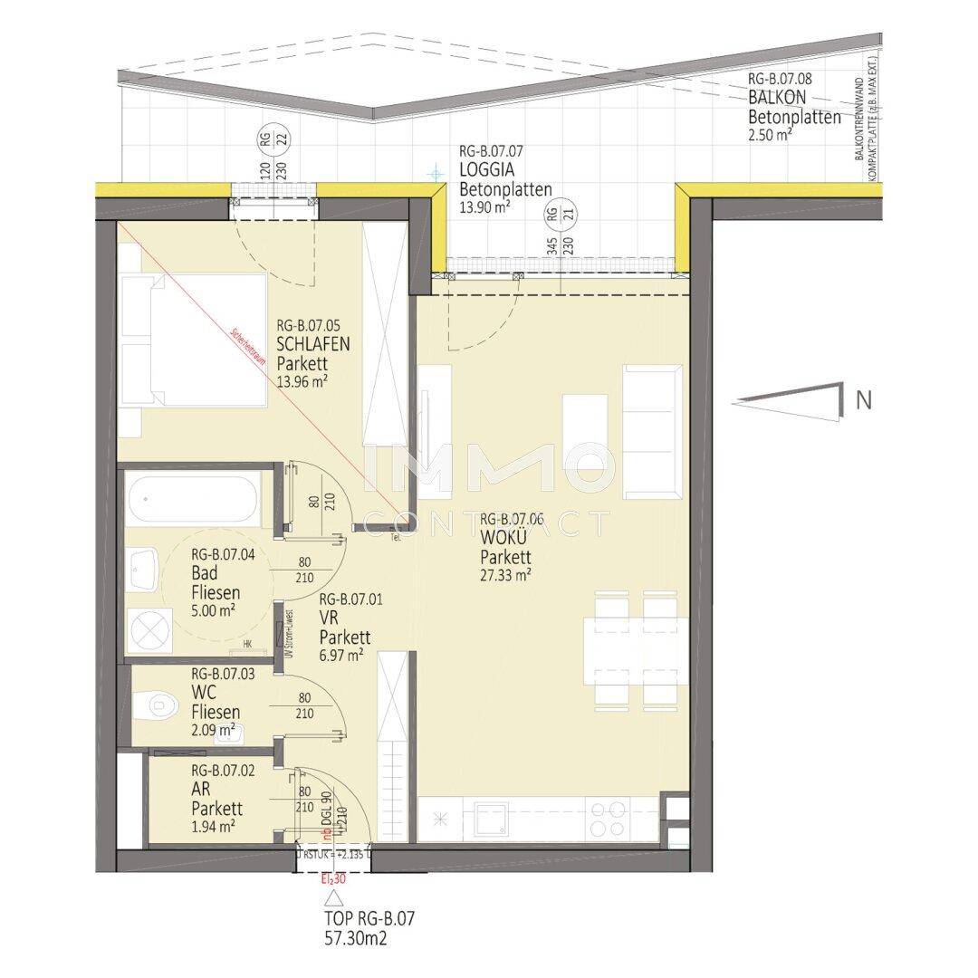 Grundriss einer Wohnung mit Loggia und Balkon, aufgeteilt in Wohn-, Schlaf- und Nassbereiche.