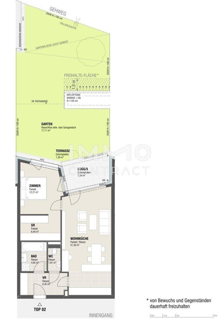 Detaillierter Grundriss mit Wohnküche, Schlafzimmer, Bad, Loggia, Terrasse und Gartenbereich.