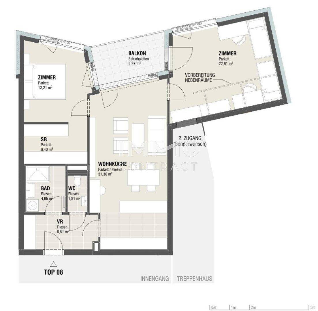 Detaillierter Grundriss einer Wohnung mit Wohnküche, zwei Zimmern, Bad, WC und Balkon.