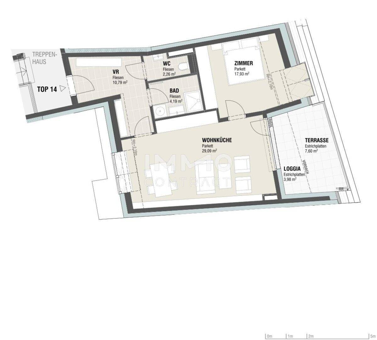 Grundriss einer Wohnung mit offener Wohnküche, Schlafzimmer, Bad, separatem WC, Loggia und Terrasse.