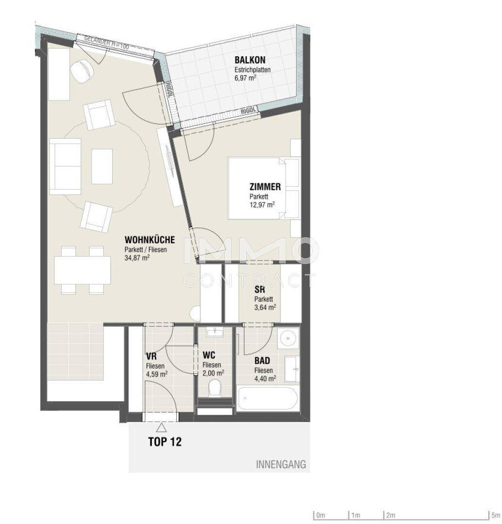 Grundriss einer Wohnung mit offener Wohnküche, einem Schlafzimmer, separatem WC und Balkon.