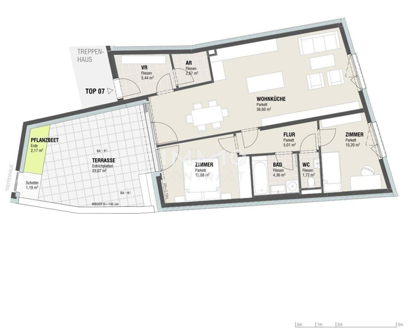 Detaillierter Grundriss einer Wohnung mit Terrasse, Wohnküche und mehreren Zimmern.