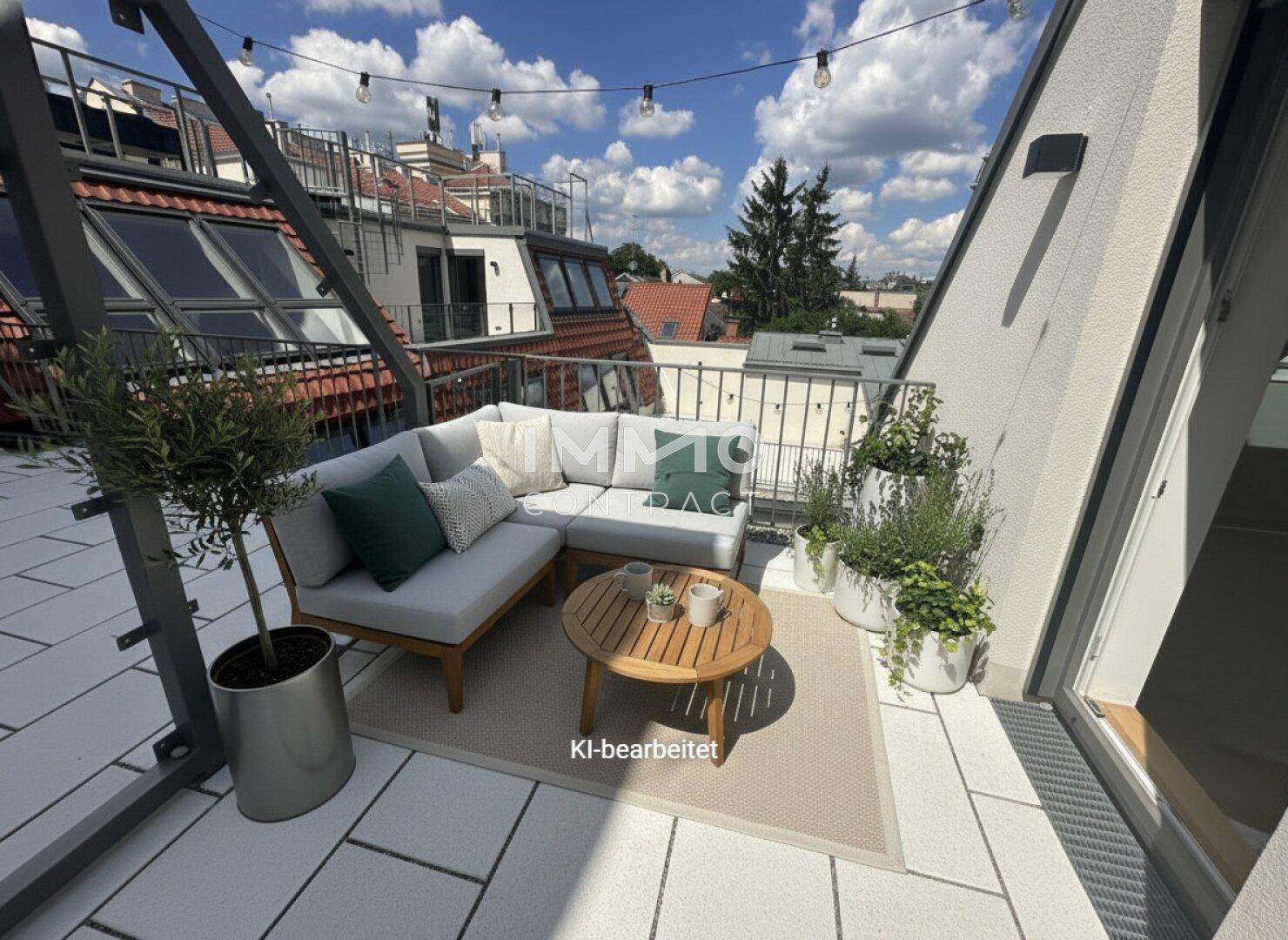 Möblierte Dachterrasse mit Sitzbereich, Pflanzen und weitem Blick über die Dächer, ideal zum Entspannen.