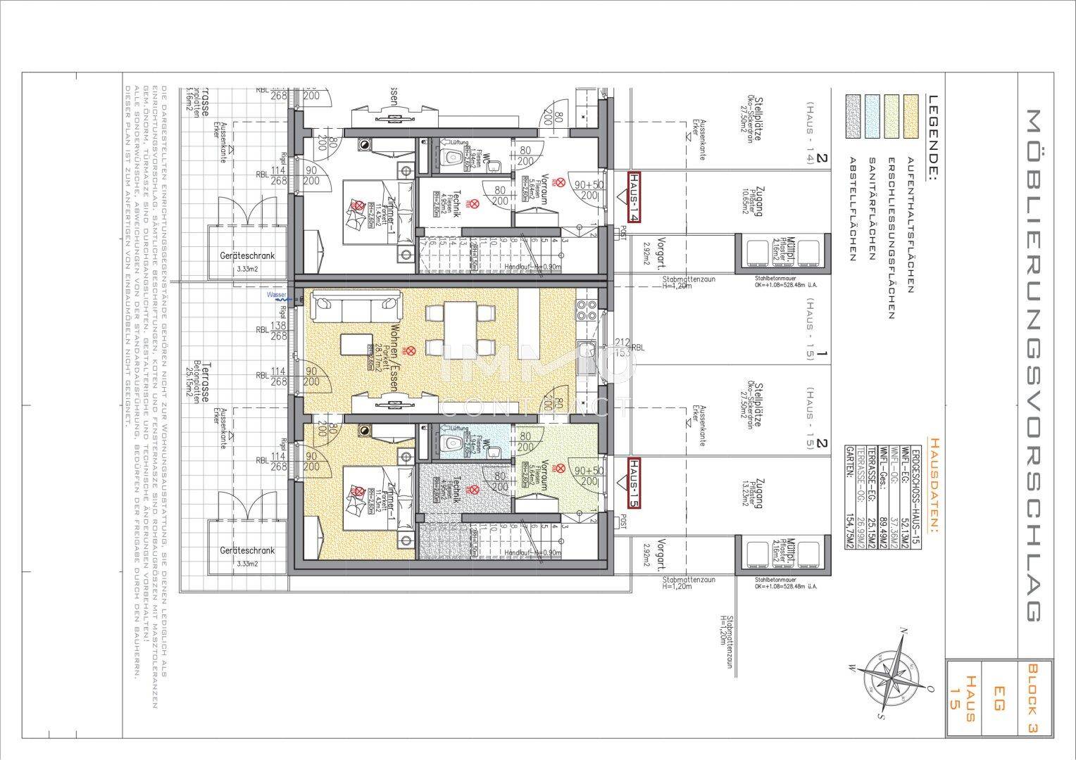 Grundriss des Erdgeschosses für zwei Häuser mit offenem Wohnbereich, Terrasse und Garten.
