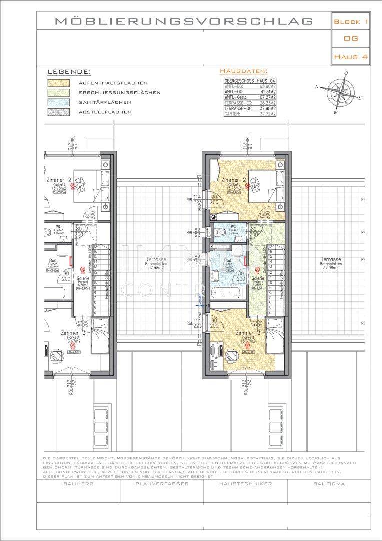 Grundriss des Dachgeschosses von Haus 4 mit Schlafzimmern, Bad und Zugang zur Terrasse.