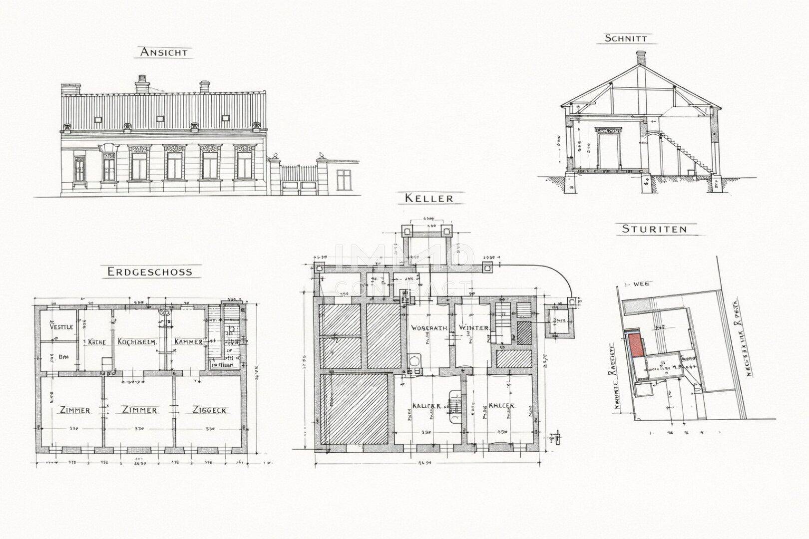 Historischer Grundriss mit Ansichten, Schnitt und Kellergeschoss eines Gebäudes.