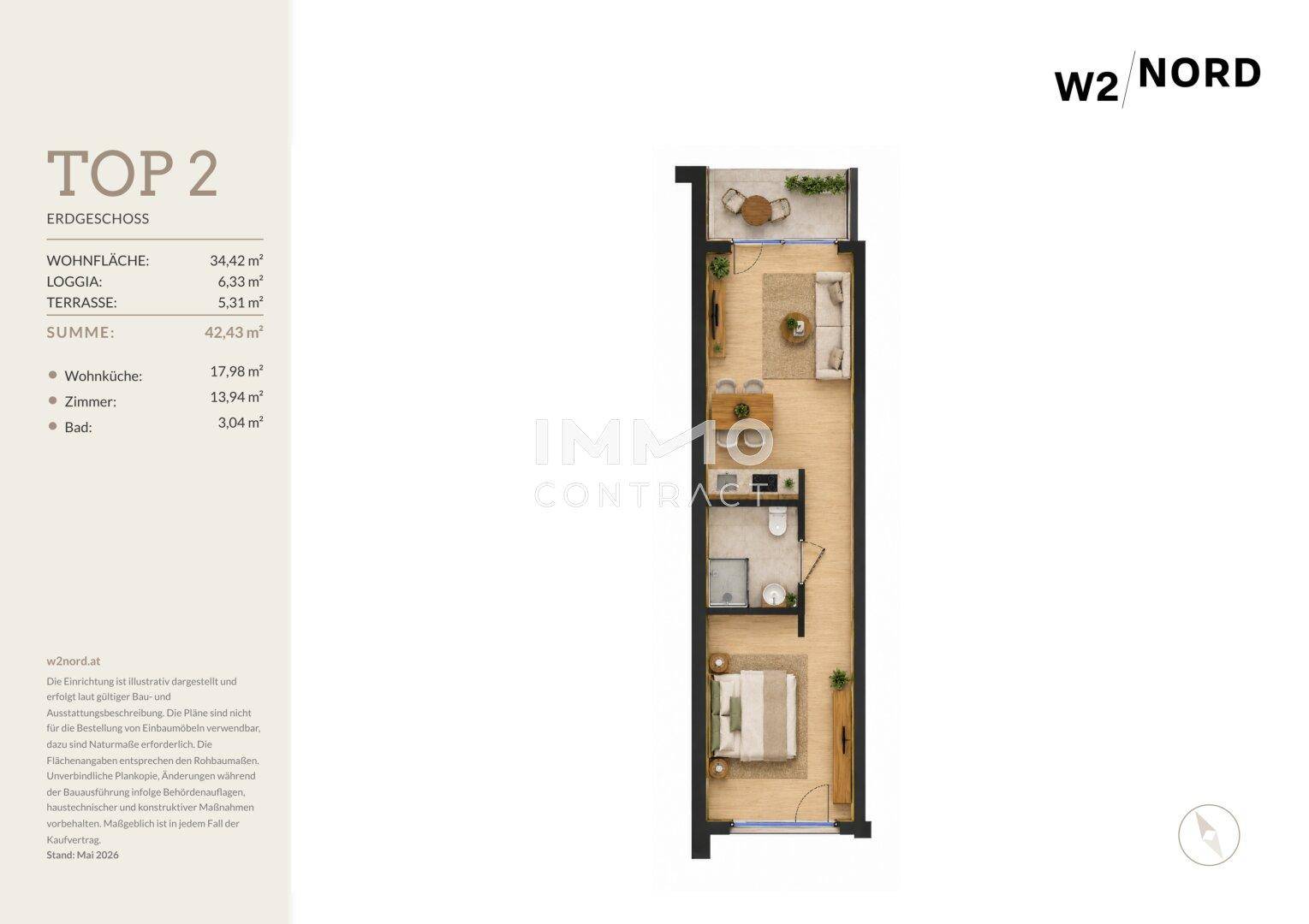Grundriss der Erdgeschosswohnung W2 Nord mit Wohnküche, Schlafzimmer, Loggia und Terrasse.