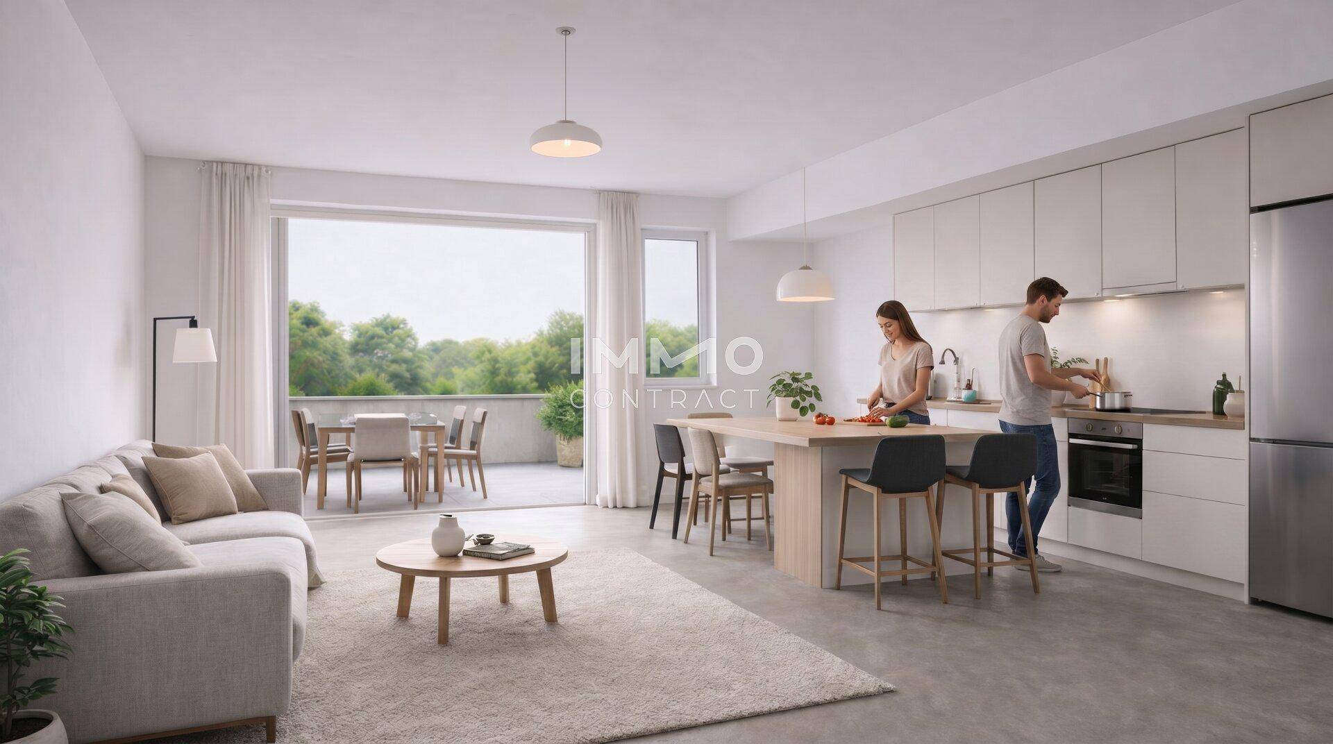 Heller offener Wohn- und Essbereich mit moderner Küche und Zugang zur Terrasse.